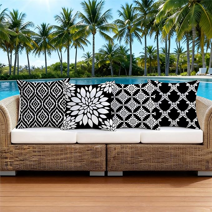 Outdoor Waterproof Throw Pillow Covers 18x18 Set of 4 Black Aesthetic Boho Decorative Cushion Cases for Patio Furniture Garden Porch Bench Couch Sunbrella