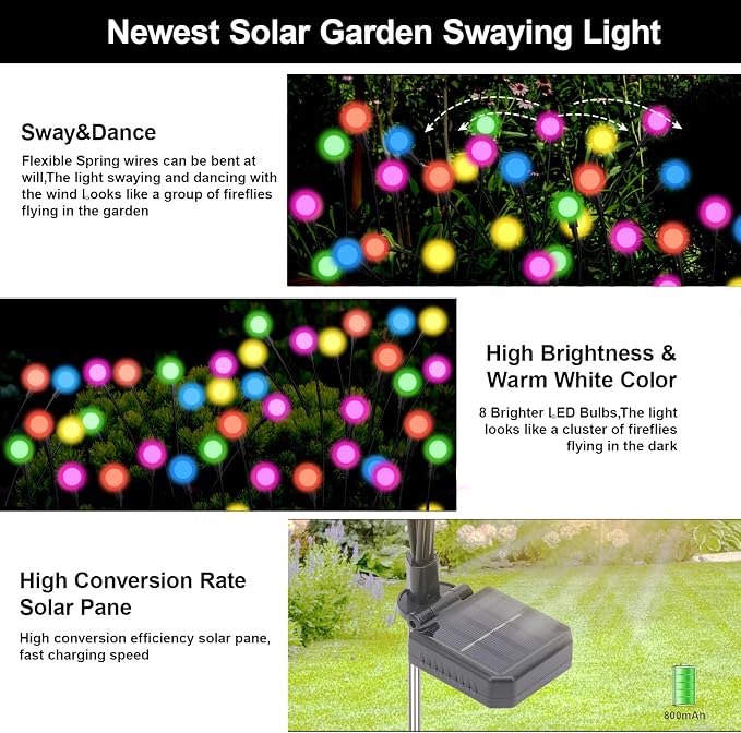 Solar Firefly Lights Multicolor, 4 Pack 800mAh Swaying Firefly Garden Lights Solar Powered Outdoor Waterproof Color Changing for Outside Yard Patio Lawn Pathway Walkway Stake Christmas Decor