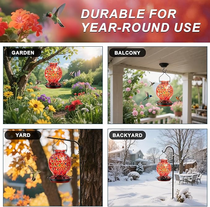 Hummingbird Feeders for Outdoors – 18 oz Hand Blown Glass Bird Feeder, Leakproof, Easy to Fill & Clean, Decorative Hanging Gift for Garden, Patio, Window, Mom or Gardener