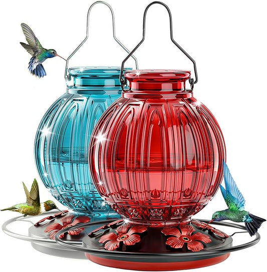 2 Pack Glass Hummingbird Feeder for Outdoors Hanging, Bird Nectar Feeder with Perch & 5 Flower Feeding Ports, 26 Oz Leak Proof for Outside Garden Decor Backyard, Gifts for Women Mom, Red + Blue