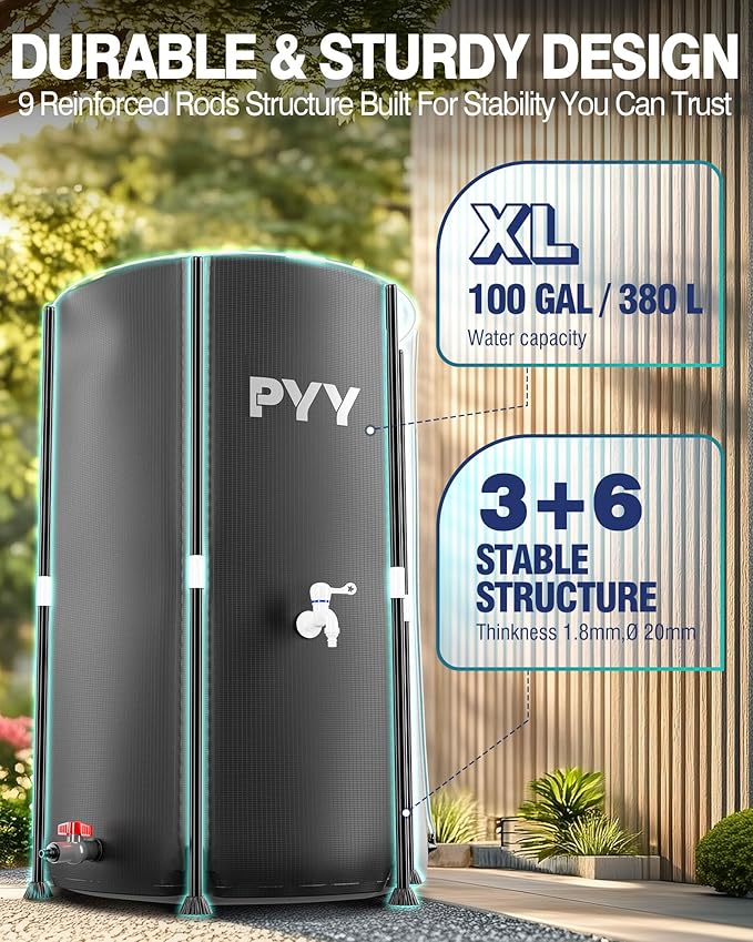 PYY Rain Water Collection Barrel - 100 Gallon Black Large Water Storage Tank with Spigots, Portable Rain Catcher to Collect Rainwater from Gutter, Plastic Rain Catchment System with Collapsible Bucket