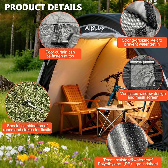 Bike Storage Shed with Rain Cover,2X Sturdy 600D Polyester Cloth,Waterproof Outdoor Bicycle 2-3 Bikes Tent,Waterproof Zipper,Garden Tools,Toys,Backyard Mowers Shelter,8X Windproof Ropes