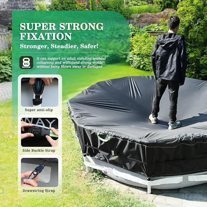UIRWAY 500D Pool Cover 16FT Round [2026 Upgraded Heavy Duty Fabric] Solar Pool Covers for Above Ground Pools, New Super Windproof Gel-Coated Tarp Straps, Swimming Pool Covers with UV Protection