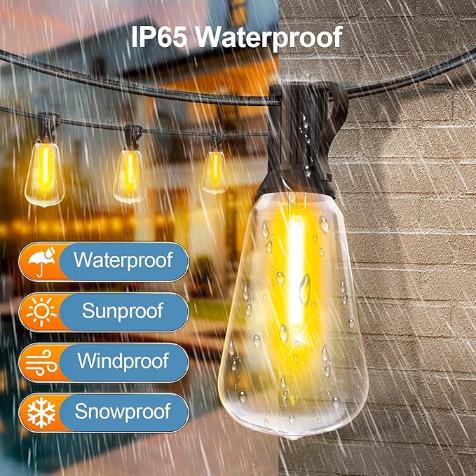 Outdoor Lights String Patio Outside - 100ft 30M LED Waterproof Light - Hanging Lighting ST38 Shatterproof Edison Bulb Deck Backyard Gazebo Balcony Party Bistro Cafe Pergola Garden Yard Porch Dimmable