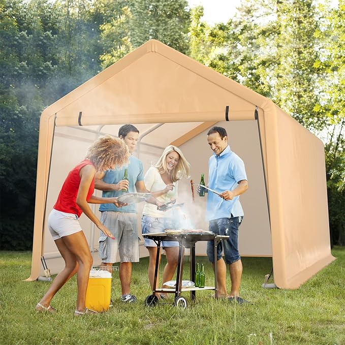 Tangkula 10.5x17 Ft Heavy Duty Carport, Portable Garage with Roll-up Front Door, Metal Car Port with Reinforced Ratchet Straps, Outdoor Car Canopy for Auto, Truck, Boat, SUV
