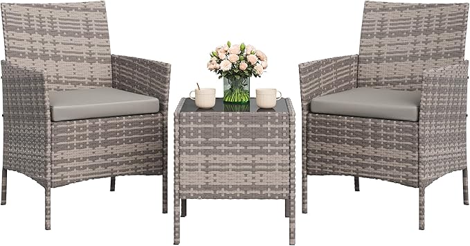 GAOMON 3-Piece Patio Furniture Set, Modern PE Rattan Conversation Set with 2 Chairs & Tempered Glass Coffee Table, All-Weather Outdoor Seating for Garden, Porch, Balcony, Poolside, Grey/Light Grey