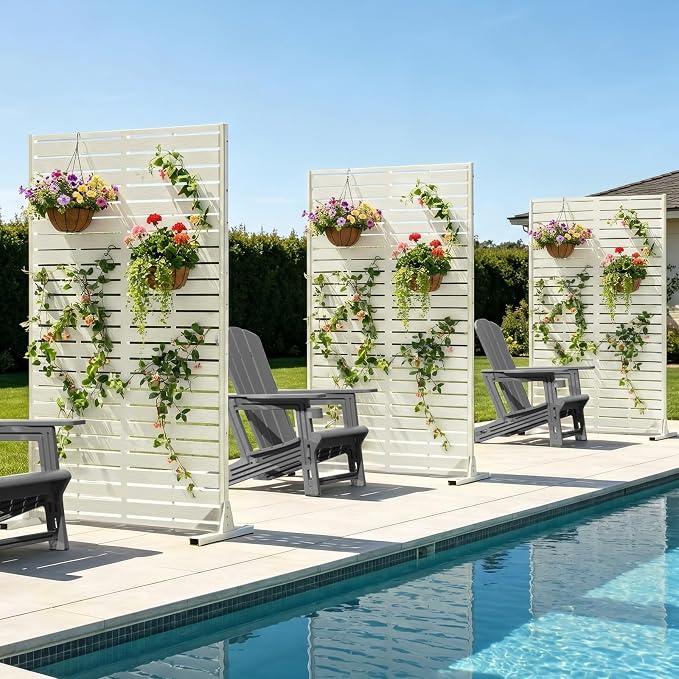 Outdoor Privacy Screen 60" H HDPE Decorative Panel Freestanding Privacy Fence with Stand, Privacy Screens with Louvered 5 Panels, Weather-Resistant Panel Fence for Patio,Balcony,Pool,White