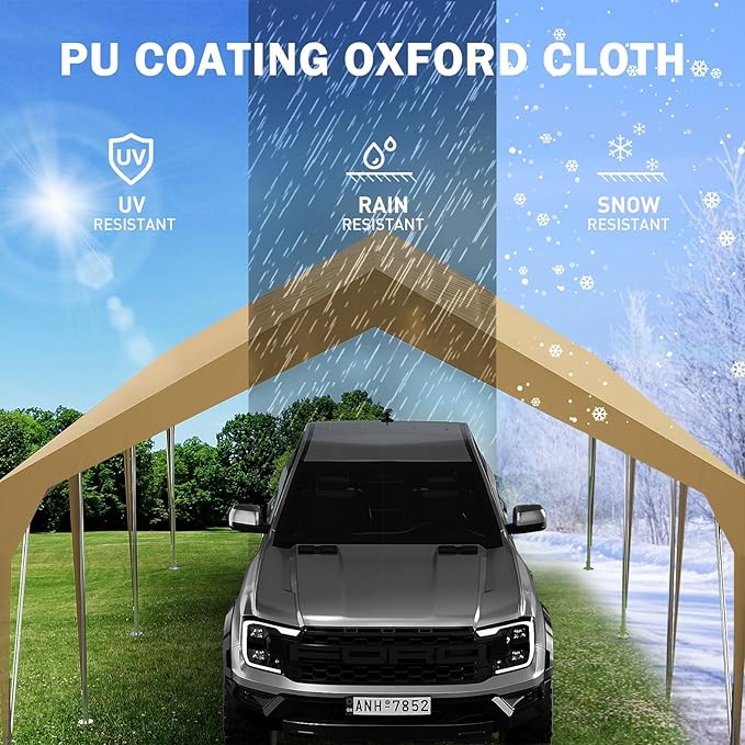 10x20 FT Heavy Duty Carport with Frame, Upgraded Portable Car Canopy with Adjustable Height 9.3-10 FT, Waterproof & UV-Resistant Garage Shelter for Car, Boat, Party, and Outdoor Storage(Earthy Yellow)