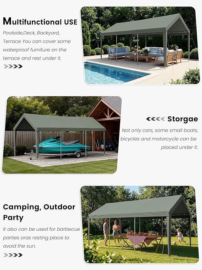 10 x 20 Ft Carport Replacement Cover, Heavy Duty Outdoor Car Tarp Canopy, Waterproof & UV Protected Tear Oxford Tarp with Ball Bungees (Frame is Not Included)