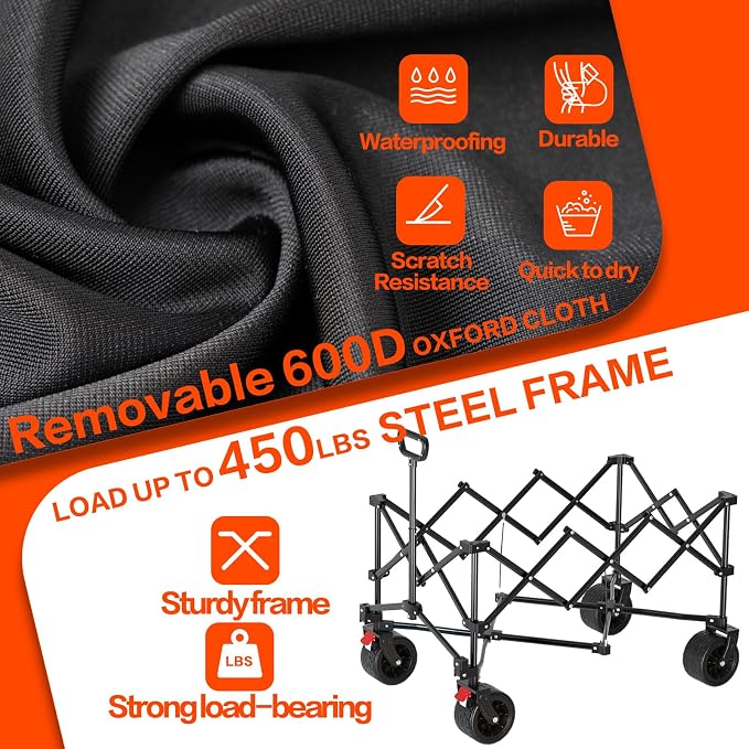 Extra Large Collapsible Wagons Carts Foldable, 450lbs Heavy Duty Folding Beach Wagons with Big All-Terrain Wheels, Utility Wagon Carts for Groceries, Outdoor Camping, Shopping, Beach, Garden