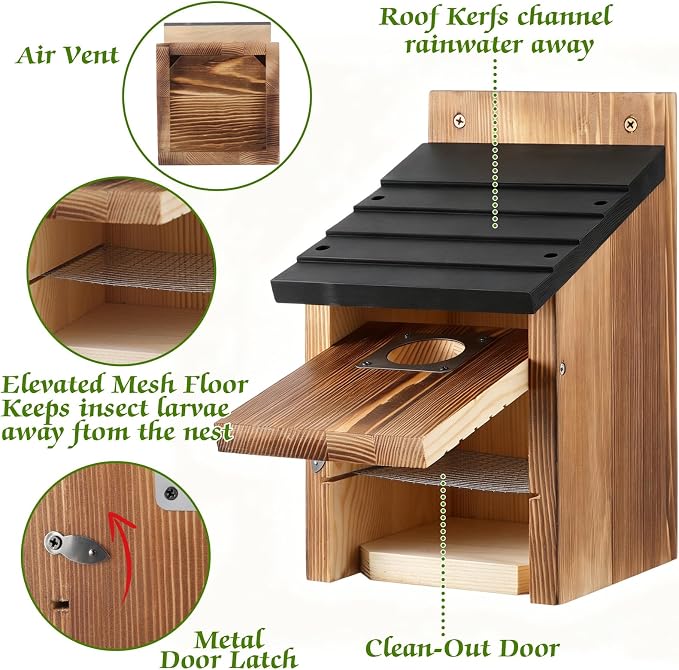 Dreyoo 8 Pack Bluebird Houses for Outside with Metal Predator Guard, 1-1/2" Entrance Hole Wooden Blue Bird Houses for Outdoors, Bluebird Nesting Box with Screwdriver(Black Roof, Burnt Wood Body)