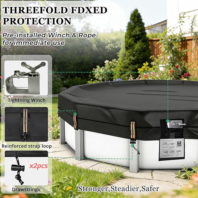 QH.HOME 550D 18Ft Pool Cover Round[Upgraded Tear-Proof & Threefold Windproof] wth Pre-Installed Winch and Rope, Durable 4 Foot Overlap & Extra-Thick for Steel WALL Pool Cover for Above Ground Pool