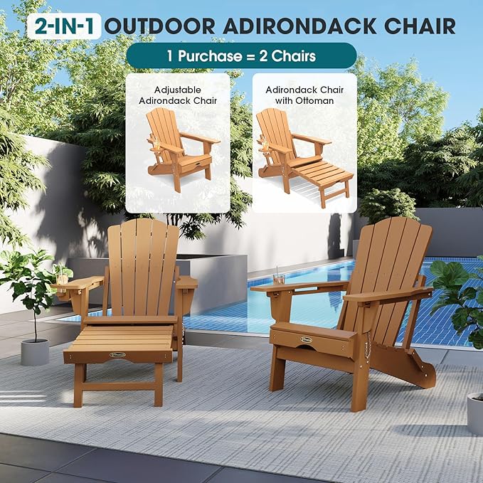 THOEOE Folding Adjustable Adirondack Chairs with Ottoman & 1 Cup Holders, HDEP Multifunctional Adirondack Chair with Footrest,Wood