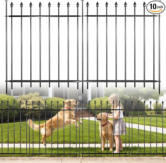Decorative Metal Garden Fence，(10 Panels+ 11 Posts), Total Iength24 ft(W) x 32 in(H), High Metal Border Fence, Classic Roman Column Decoration, Garden and Lawn Landscape Fence, Black Animal Fence