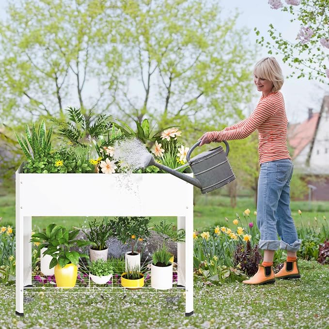 PROXRACER Raised Garden Bed with Detachable Legs Elevated Metal Planter Box for Growing Fresh Herbs Vegetables Flowers Succulents&Other Plants for Outdoor Backyard Patio Deck Balcony White L