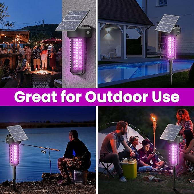Solar Powered Bug Zapper Light 2 Pack Waterproof Outdoor Mosquito Killer Lamp Auto On/Off Cordless Garden Mosquito Zapper,Black