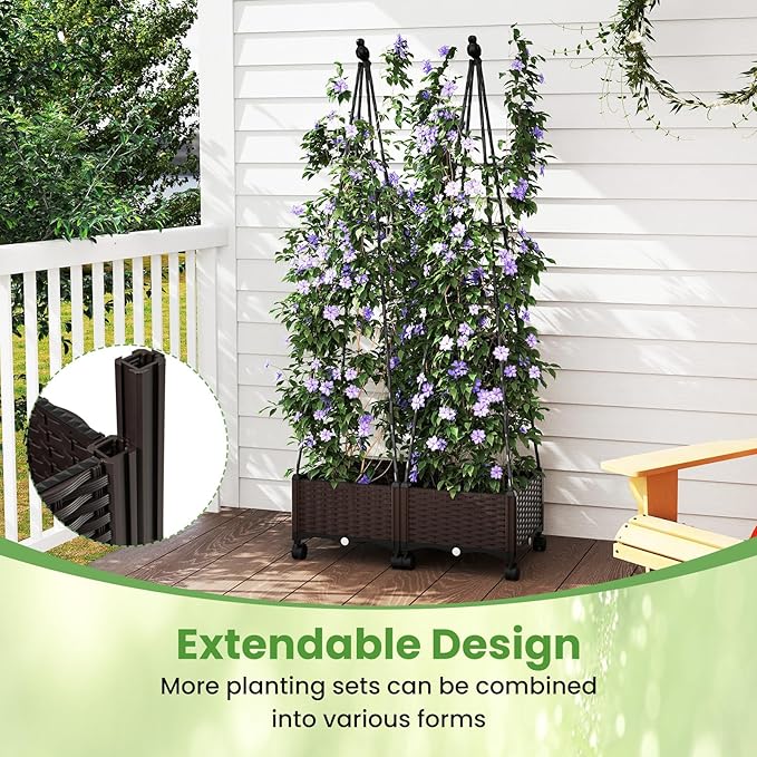 HAPPYGRILL 71" Garden Trellis for Climbing Plants, Self-Watering Raised Garden Bed w/Obelisk Trellis, Lockable Wheels, Adjustable Height, Indoor Outdoor Vertical Planter Box for Flower, Vine (1)