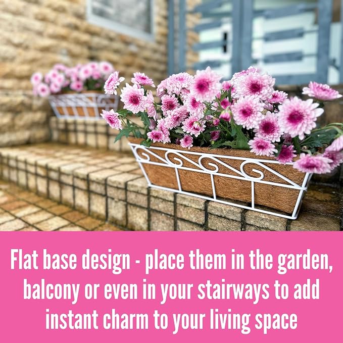 LaLaGreen Bundle (2 Pack, 16 Inch White + 2 Pack, 16 Inch Black) Window Flower Boxes Basket Outdoor, Deck Railing Hanging with Coco Liners, Metal Horse Troughs Modern Garden Balcony Fence Patio Porch