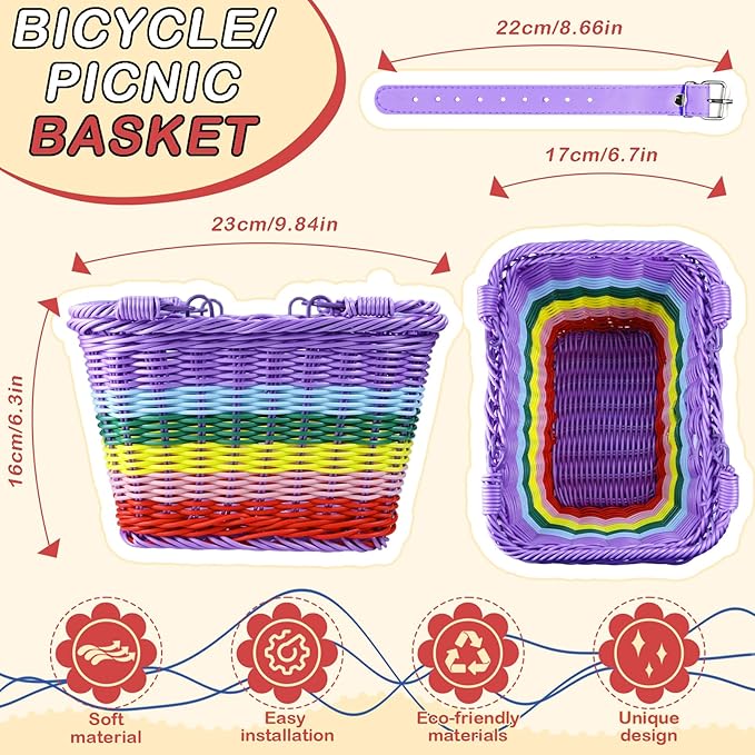 Picnic Basket with Handles, Rainbow Small Woven Wicker Basket for Kid Blue Garden Harvest Rattan Hamper Gift Basket Empty for Storage Toy Flower Wedding