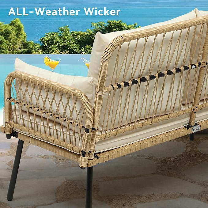 YITAHOME Patio Furniture Wicker Outdoor Loveseat, All-Weather Rattan Conversation for Backyard, Balcony and Deck with Soft Cushions (Light Brown+Beige)