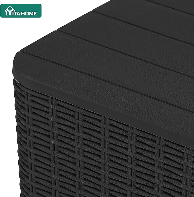 YITAHOME Resin Outdoor Deck Box Coffee Table, Waterproof Side Table, Outdoor Sstorage Box with 11.5-Gallon Storage Box for Patio, Cushions, Supplies, Black, Wood Panel+Rattan