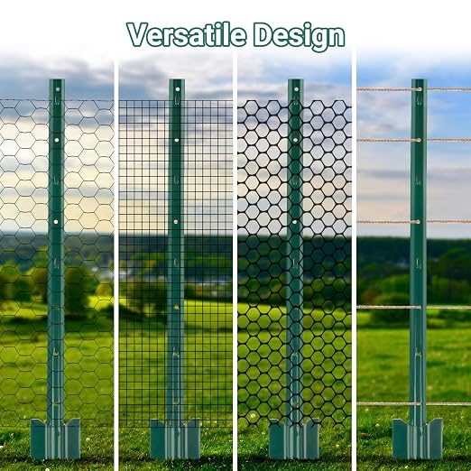 Metal Fence Posts 10 Pack, 3 FT Green Heavy Duty U Posts, No Dig T Posts for Fences Wire Mesh, Perfect for Temporary Fencing, Electric Fence Wire, Corner Anchor