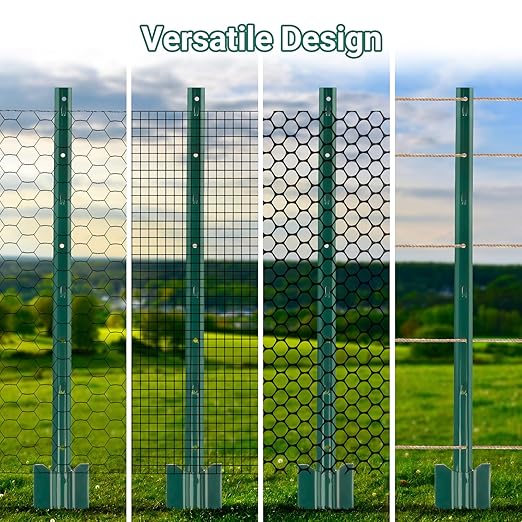 Metal Fence Posts 3 FT, Pack of 16 Green Heavy Duty U Posts, No Dig T Posts for Fences Wire Mesh, Perfect for Temporary Fencing, Electric Fence Wire, Corner Anchor