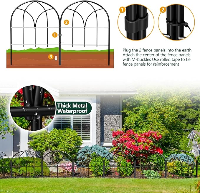 Small Garden Fence Animal Barrier, W12.55*H16.53 Decorative Fence Panel, No Dig Fences Barrier, Arch 6 Pcs Black Metal Fencing, Garden Border Edging Fences, Dog Fencing Blocker for Yard, Flower Bed