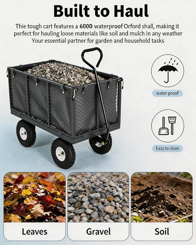 GarveeTech 800LBS Heavy Duty Steel Garden Cart, Garden Wagon Cart on Wheels, Metal Yard Utility Wagon with Removable Mesh Sides, 10" All Terrain Tires, 180° Rotating Handle for Lawn, Garden, Farm
