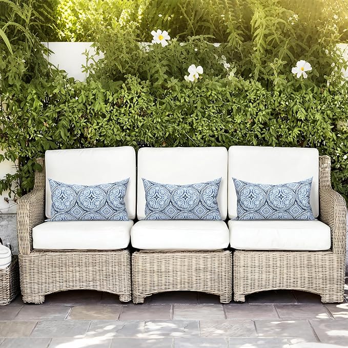 LVTLVTXIII 12×20 Inch Outdoor Lumbar Pillows, Pack of 2 Water Repellent Lumbar Pillow with Inserts, Fluffy Decorative Garden Lumbar Cushions for Home Patio Coach Sofa Use, Medallion Blue