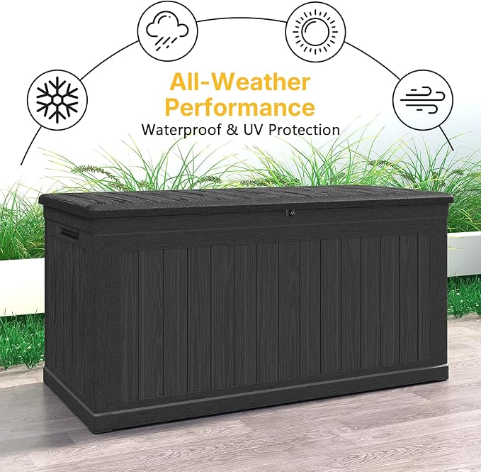 Skepphlay 260 Gallon Deck Box Lockable, Outdoor Storage Box Waterproof and UV Resistant, Large Patio Storage Box with 1000 lbs Capacity, for Garden, Patio Furniture, Pool (Black)