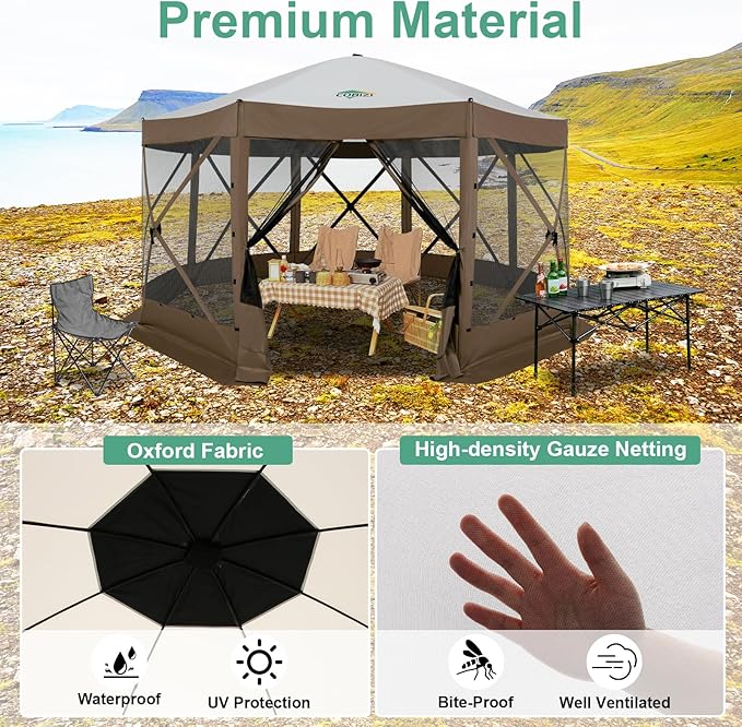 COBIZI 15x15 FT Pop Up Gazebo - Canopy Tent, Large Gazebos On Clearance,Instant Screened in Gazebo,carpas para Patio,Portable Screen Tents for 12-15 Persons Outdoor Camping, Backyard, Brown