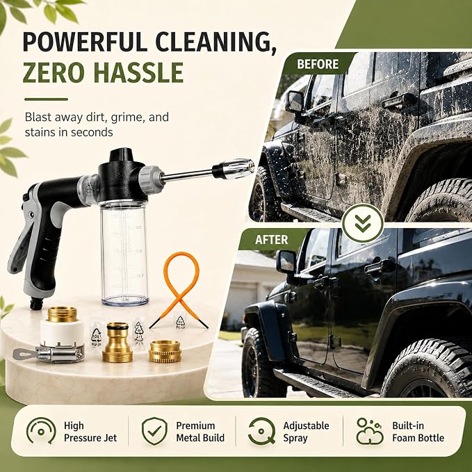 Hose Pressure Washer, 3 Spray Modes & Foam Hawk for Car Washing, Patios, & Furniture Cleaning, Universal and Easy to Install