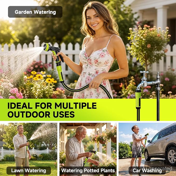 Garden Hose 100ft, Non-Expandable Heavy Duty Water Hose with 10 Function Sprayer, Flexible, Leakproof, Kink Resistant & Hybrid Hose for Yard, Outdoor, 600 PSI