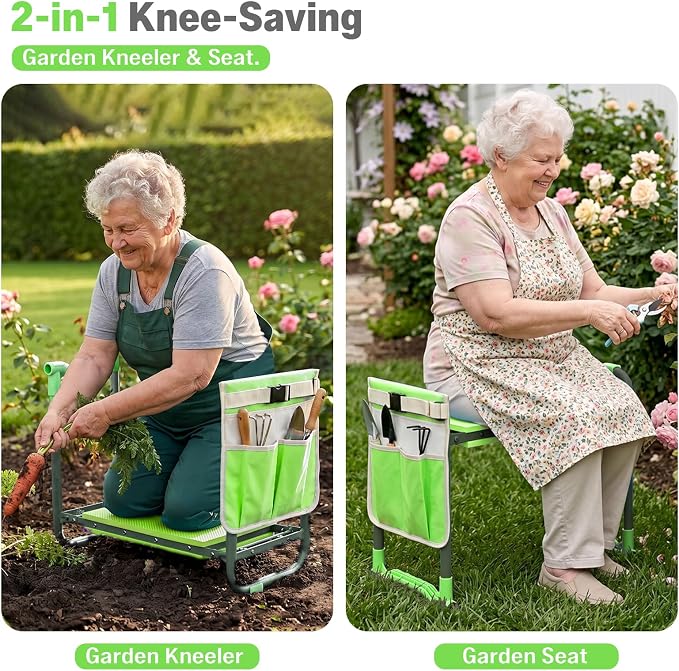 Garden Kneeler and Seat Heavy Duty, Foldable Gardening Stool Bench with Widened Thick Soft Kneeling Pad and Tool Pouches - 2-in-1 Portable Kneeling Device for Seniors (Green)
