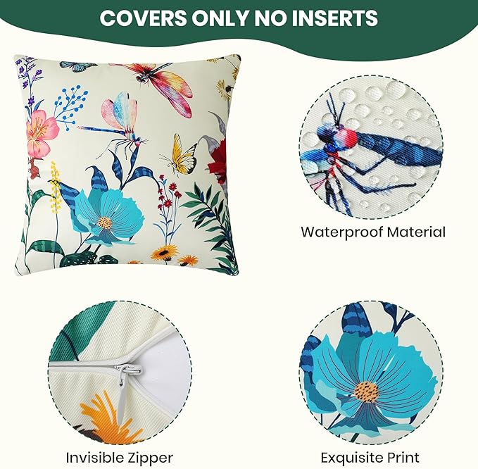 Premillow Outdoor Pillow Covers 18x18 Inch Set of 4, Spring Summer Flower Decor Throw Pillow Covers Outside Waterproof Pillow for Patio Furniture Bench Chair Couch Sofa