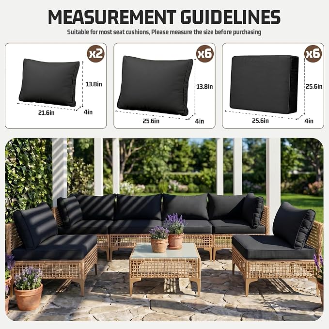 14pcs Outdoor Patio Cushion Covers Replacement, 25.6" Zippered Outdoor Cushion Covers Waterproof, UV Resistant & Washable Patio Furniture Cushion Covers Waterproof for Patio Sectional, Black