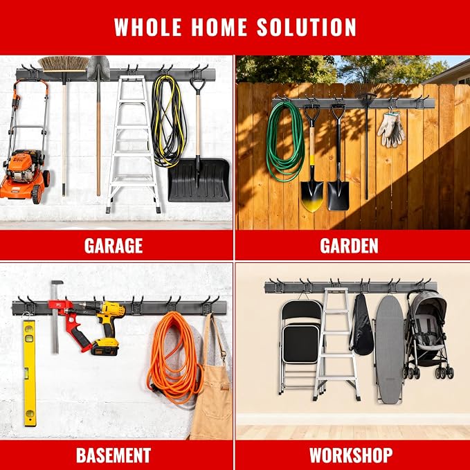 Garage Tool Organizer Wall Mount, Easy to 48inch Install Heavy-Duty Garage Storage System with 6 Adjustable Hooks, Garden Tool Rack for Shovels, Rakes, Yard Tools (Combo 2)
