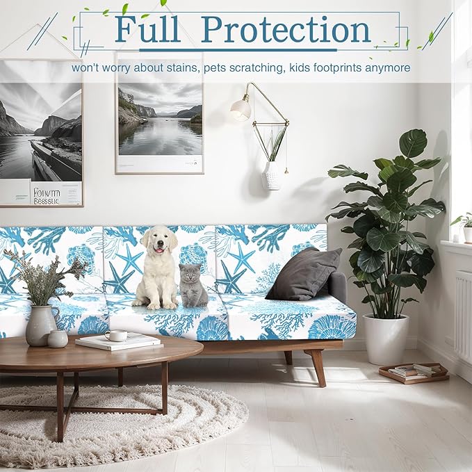 Newwiee 12 Pcs Patio Cushion Covers Outdoor Stretch Sofa Couch Cover Replacement Couch Slipcover Sofa Seat Chair Porch Patio Furniture Protector, Flexibility Washable(Light Blue,Ocean)