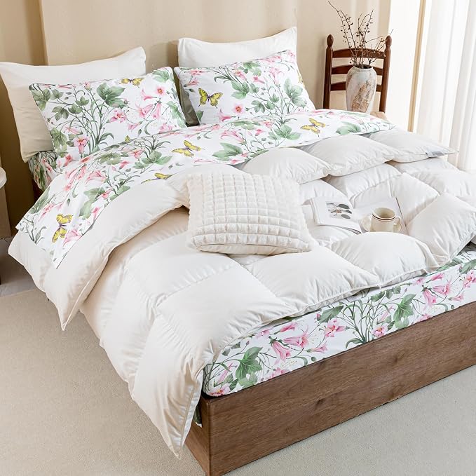 QSH Butterfly Bed Sheets Set Queen Size 100% Egyptian Cotton Sheet Wild Flower Leaves Printed Pattern Bedding Sheets Spring Floral Bedsheets Deep Pockets 4PCs