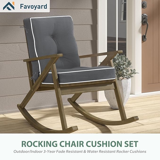 Favoyard Outdoor Rocking Chair Cushion 17 × 17 Inch Water Resistant & 3-Year Color Fastness Patio Chairs Cushions for Rockers Furniture, Set of Seat & Back Thick Tufted Cushion with Tie Straps, Grey