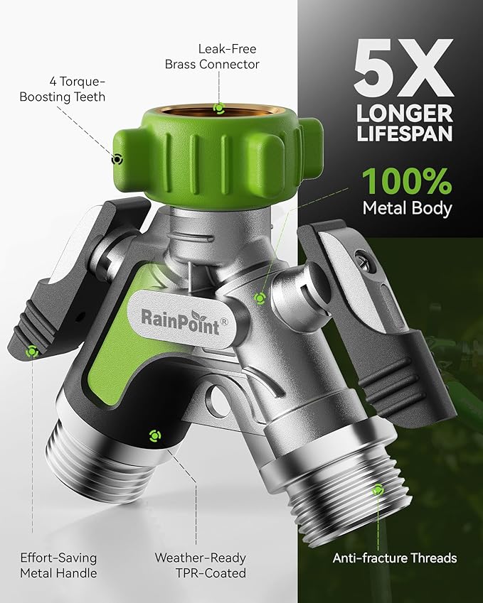 RAINPOINT Garden Hose Splitter 2 Way, All Metal Heavy Duty Water Hose Y Splitter With 2.05" Extra Long Side Handle & Shut Off Valves, 3/4 Inch GHT Thread Connector For Outdoor Spigot Faucet (Green,2)