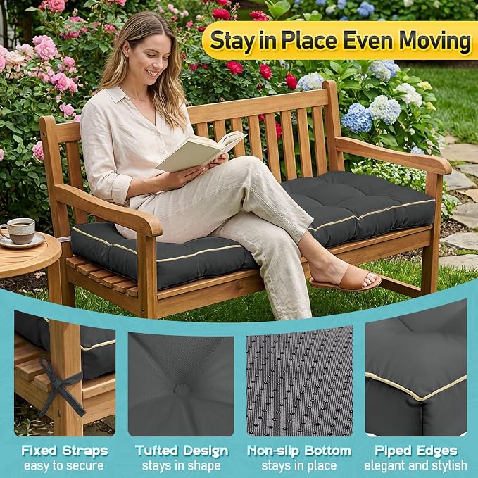 Outdoor Bench Cushion, Tufted Patio Seat Pad for Garden Bench, Porch Swing, Indoor/Outoor Furniture (Grey, 42X16X4)