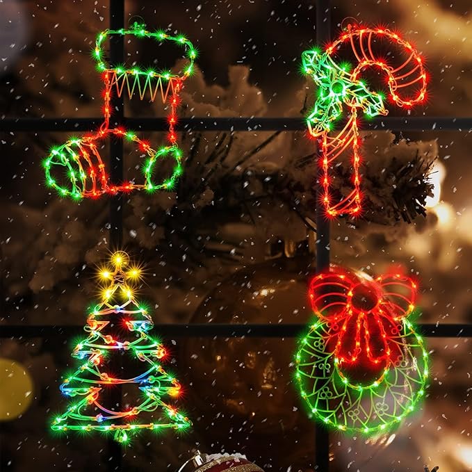4 Pack Christmas Window Silhouette Lights, Lighted Candy Cane,Christmas Tree,Wreath and Christmas Stocking of Double Sided Decorations with 200 Count Incandescent Mini Light