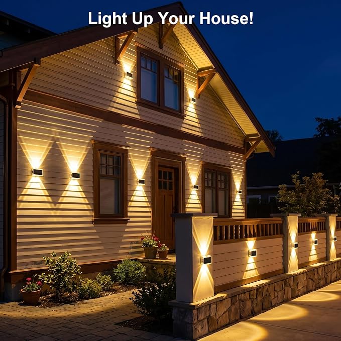 AUDLES Solar Fence Lights Outdoor Waterproof IP65, 3 Color Modes New Up Down Glow Solar Powered LED Wall Pack Lights for Outside Backyard, Deck, Step, Patio, Railing and Home Improvement - 12 Pack
