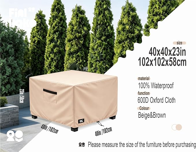 Patio Square Table Cover,40Wx40Dx23H Inches 100% Waterproof Heavy Duty Outdoor Coffee Table Cover,Light Brown Minimalism Style Outdoor Furniture Covers