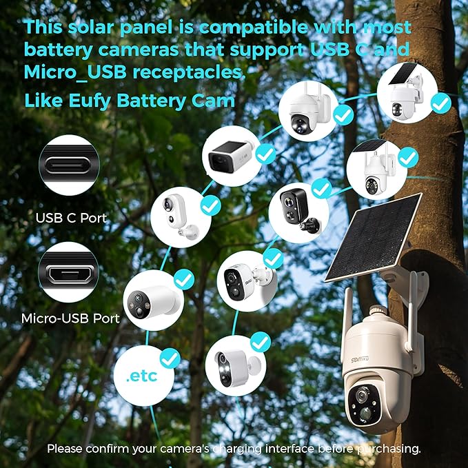 Vicohome 5V Solar Panels for Security Cameras for Bird Feeder 23% Energy Conversion Rate,9.8Ft Cable, USB C & Micro-USB Compatible, Weather Resistant, 360° Adjustable Bracket, for Tapo Eufy Aosu .etc