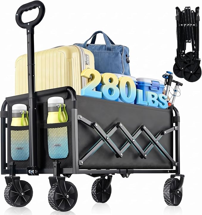 Collapsible Wagon Cart with Wheels Foldable - Lightweight 280LBS Heavy Duty Folding Utility Portable Beach Wagon with All-Terrain Wheels for Groceries Shopping Garden Sports Camping