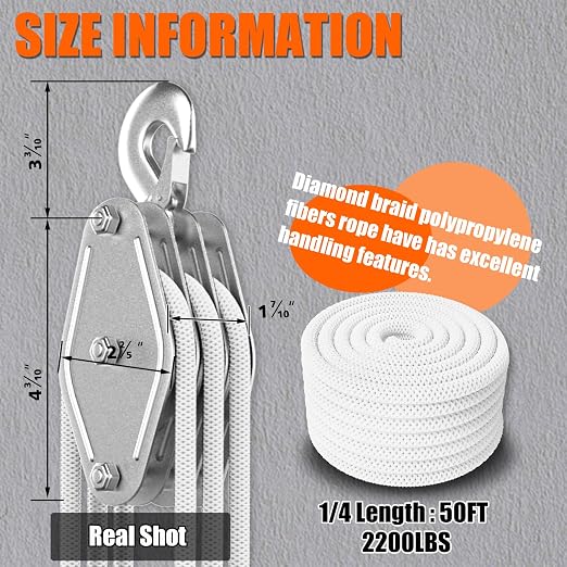 YATOINTO Rope Hoist Pulley System, 2200LB Pulley Block and Tackle, 6:1 Ratio Lifting Power 50ft, Heavy Duty Pulley Block for Hunting Lifting Heavy Objects Garage Warehouses Building