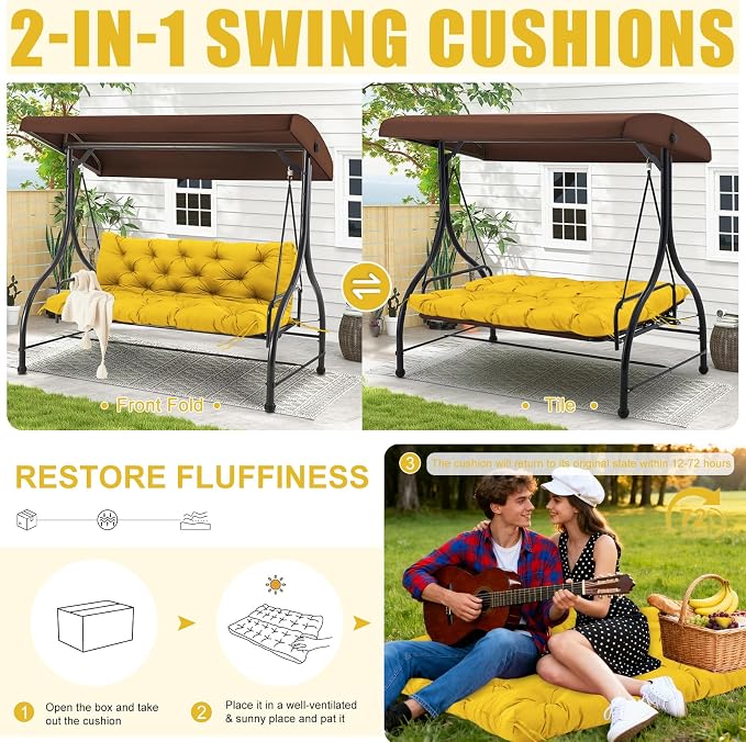 Porch Swing Cushions Outdoor 48 inch x 40 Waterproof Swing Cushions 3 Seater Replacement with Backrest & 8 Ties 5" Thick Bench Swing Cushions for Outdoor Furniture Patio(Yellow)